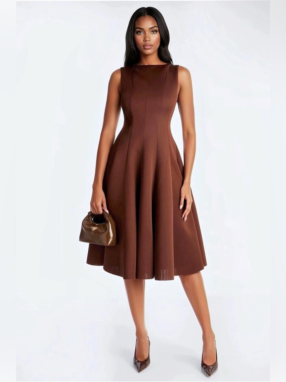 Chocolate Brown Pleated Midi Dress Sleeveless Boat Neck Elegant XL